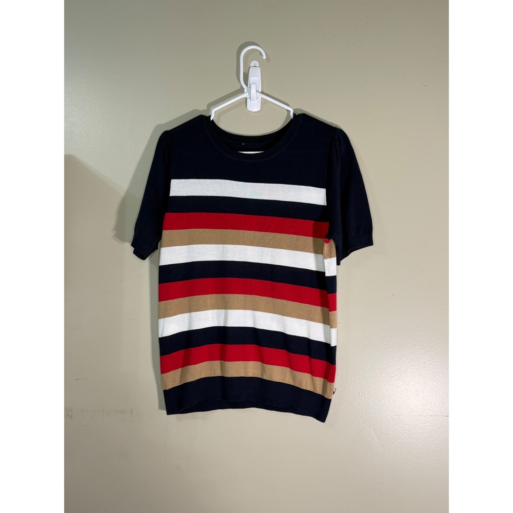 Tommy Hilfiger Womens Striped Short Sleeve Knit Sweater Top Navy Blue Red White